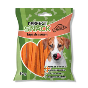 PERFECT SNACK Fâșii, XS-XL, Somon, punguță recompense câini, 80g