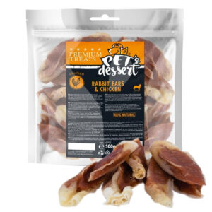 PET’S DESSERT Rabbit Ears & Chicken, XS-XL, Iepure și Pui, punguță recompense fără cereale câini, 500g