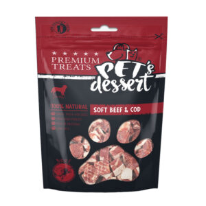 PET’S DESSERT Soft, XS-XL, Vită și Cod, punguță recompense fără cereale câini, 80g