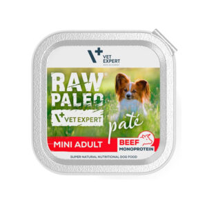 RAW PALEO Mini Adult, XS-S, Vită, tăviță hrană umedă monoproteică fără cereale câini, alergii, (pate), 150g