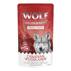 12x125g Vită, cod, curcan Canadian Woodlands Triple Taste Wolf of Wildernes