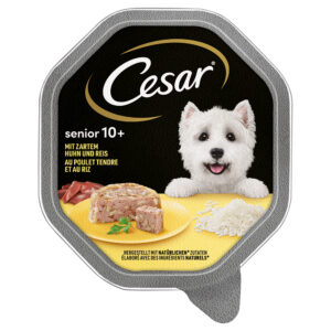 28x150g Pui și orez Senior 10+ Tăvițe Cesar Hrană umedă pentru câini