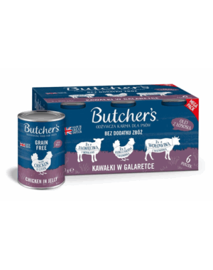 BUTCHER’S Original Recipe in jelly mix ficat sau rinichi 6×400 g bucati vita, miel si pui in aspic, hrana pentru caini