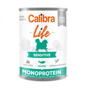 CALIBRA Life Sensitive, XS-XL, Somon și Orez, conservă hrană umedă monoproteică fără cereale câini, sistem digestiv, (pate), 400g