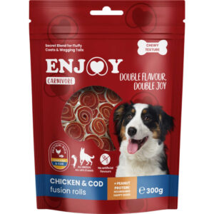 ENJOY Carnivore Fusion Rolls, XS-XL, Pui și Cod, punguță recompense câini, 300g