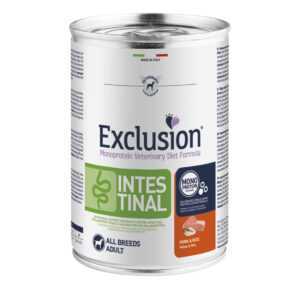 EXCLUSION Monoprotein VD Intestinal, XS-XL, Porc și Orez, dietă veterinară, conservă hrană umedă fără cereale câini, sistem digestiv, (pate), 400g