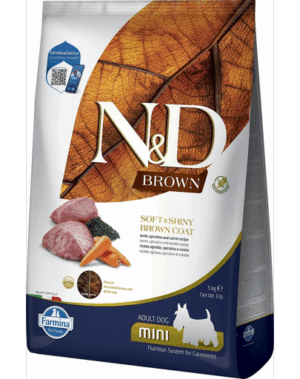 FARMINA N&D Brown Dog Adult Mini Lamb, Spirulina, Carrot 5 kg Mancare pentru caini tallie mica, cu blana inchisa la culoare