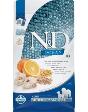 FARMINA N&D Ocean Adult Medium/MaxiHrana caini adulti, cu cod, portocala, ovaz 2,5 kg