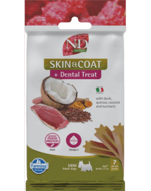 FARMINA N&D Quinoa Dental Treat Skin Coat Duck Mini 60 g recompensa dentara cu rata, pentru caini de rase mici