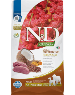 FARMINA N&D Quinoa Dog Adult Medium&Maxi Skin&Coat Venison & Coconut 2,5 kg pentru rase medii si mari
