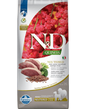 FARMINA N&D Quinoa Dog Neutered Adult Medium/Maxi hrana uscata caini adulti dupa castrare/sterilizare, cu rata, broccoli si sparanghel 12 kg