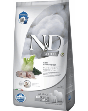FARMINA N&D White Dog Adult Medium Maxi Sea Bass, Spirulina, Fennel 7 kg Hrana caine talie medie si mare, cu blana alba