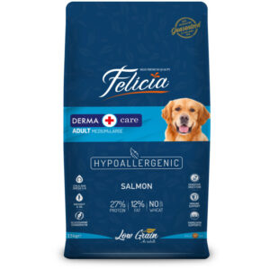FELICIA Derma Care Adult Medium & Large, M-XL, Somon, hrană uscată conținut redus cereale câini, alergii, 15kg