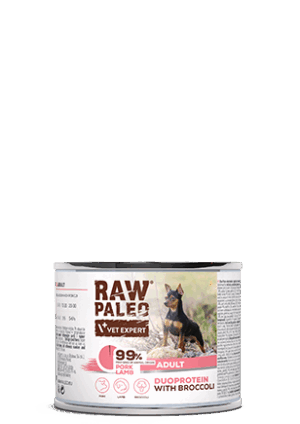 Hrană umedă pentru câini, adult, Raw Paleo Duo Protein, Porc cu Miel și Broccoli, Set 5 X 200g