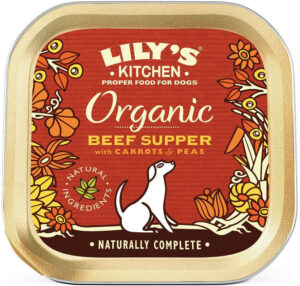 LILY’S KITCHEN Organic Supper Conservă pentru câini, cu vită şi morcovi 150g