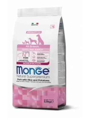 Monge Natural Superpremium Monoprotein Puppy All Breeds – Porc si Orez – 2.5kg