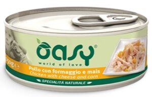 OASY Specialita’ Naturali Conservă pentru câini, cu Pui, Brânză şi Porumb 150g