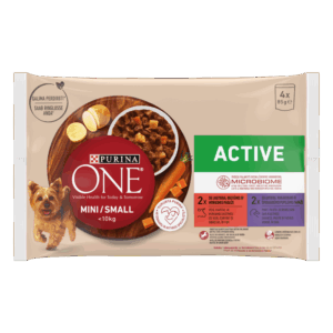 PURINA ONE MINI Active, vita, cartofi, si morcovi/ cu rata, paste si fasole verde, in sos, 4×85 g