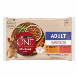 PURINA ONE MINI Adult, pui, morcovi si fasole verde/ cu vita, cartofi si mazare, in sos, 4×85 g
