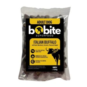 Pachet degustare, Bobite SuperFood, adult, Bivol Italian cu Busuioc, Mure, Turmenic, Seminte de in si Mar, Hrana uscata caini, 100g