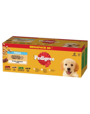 Plicuri PEDIGREE caini Junior Mix arome cu orez 40×100 g in aspic hrana umeda completa bucati vita, ficat si orez, cu pui si orez, cu miel, ficat si orez, cu pasare si orez
