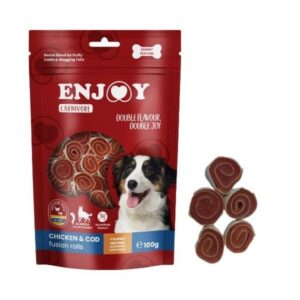 Recompense pentru caini Enjoy Carnivore Fusion Rolls cu pui si cod, 100 g