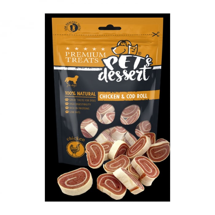 Recompense pentru caini Pet s Desert Chicken Cod Roll 80 gr