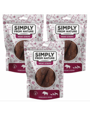SIMPLY FROM NATURE Meat Strips Benzi carne vanat si canepa pentru caini 3×80 g