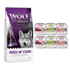 12 kg Wolf of Wilderness hrană uscată câini + 6 x 300 g tăvițe gratis! – 12 kg Adult Rough Storms – Rață + 6 x 300 g tăvițe: vită, curcan, miel