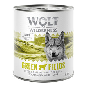 6x800g Wolf of Wilderness Hrană umedă câini – Green Fields – Miel