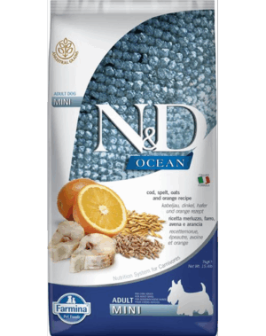 FARMINA N&D Ocean Adult Mini, Hrana uscata pentru caini de talie mica, cu cod, grau, ovaz, portocale 2,5 kg