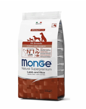 MONGE Puppy&Junior hrana uscata pentru catelusi de toate rasele, cu miel, orez si cartofi 2,5 kg