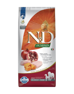 N&D Pumpkin Chicken & Pomegranate Adult Medium & Maxi 12 kg hrana caini adulti talie medie/mare, pui si rodie